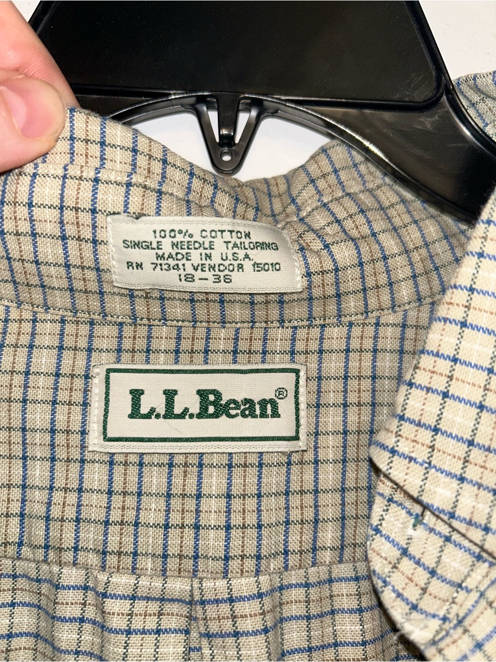 Vintage L.L.Bean Made in USA Cotton Button Down Shirt 18-36 Green Khaki Plaid - Picture 2 of 3